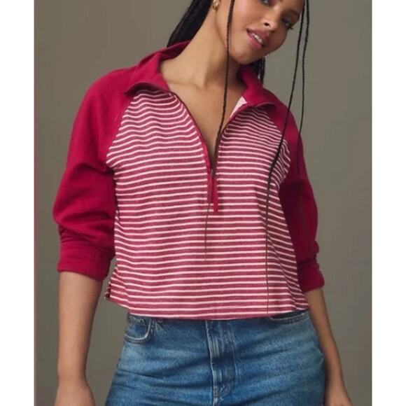 Pilcro Medium Crop Half Zip Pullover Top Pink Cotton Striped Long Sleeves - Picture 1 of 10